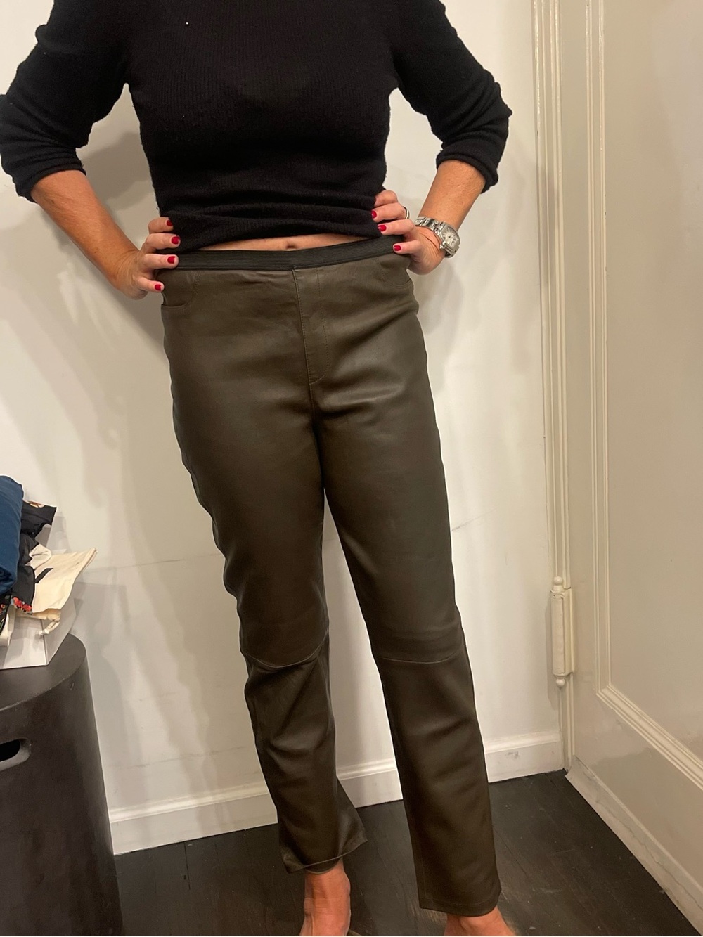 Neiman Marcus Olive Faux Leather Straight-Leg Pants